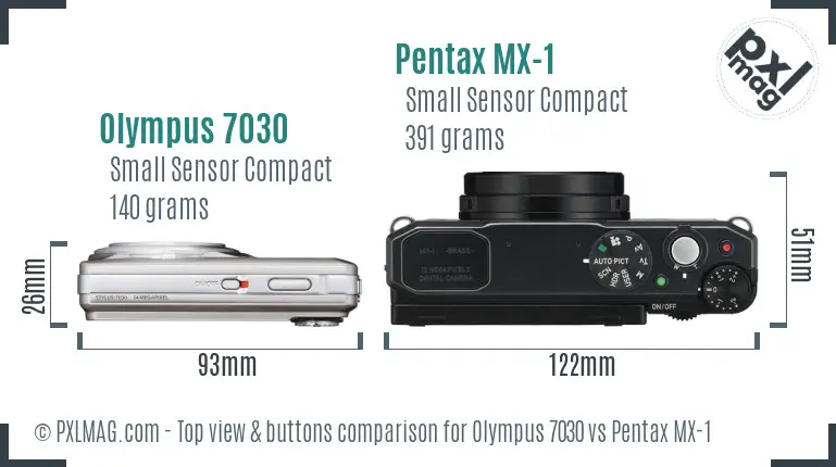 Olympus 7030 vs Pentax MX-1 top view buttons comparison