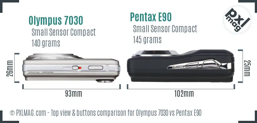 Olympus 7030 vs Pentax E90 top view buttons comparison