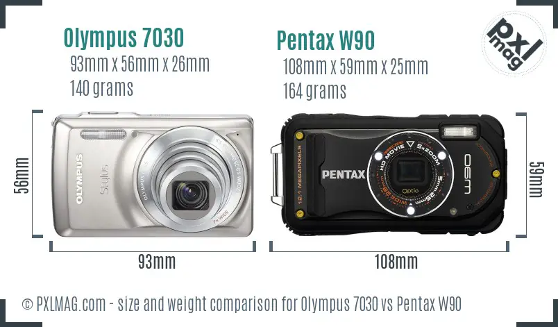Olympus 7030 vs Pentax W90 size comparison