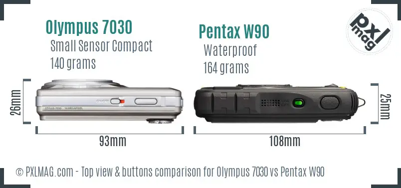 Olympus 7030 vs Pentax W90 top view buttons comparison