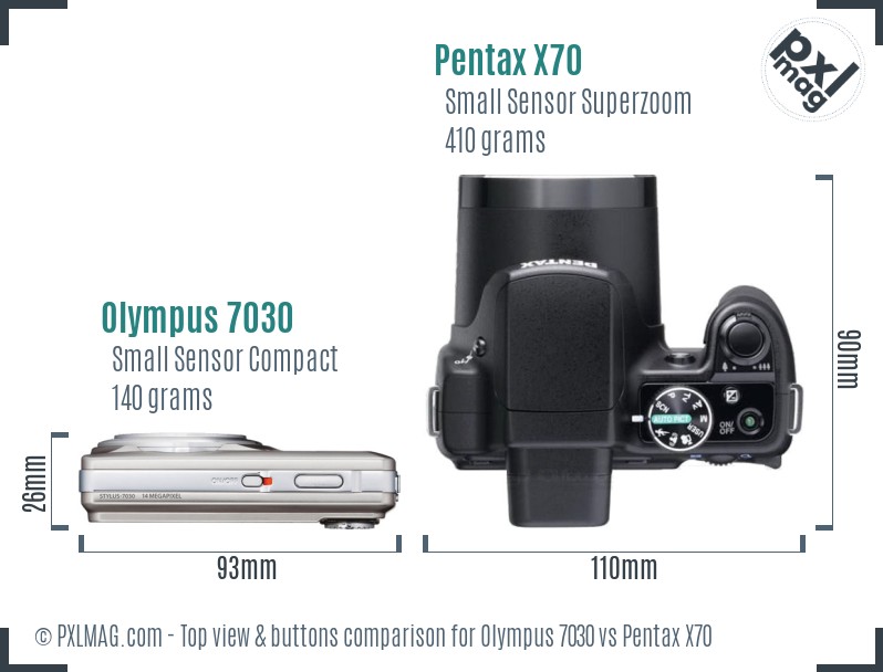 Olympus 7030 vs Pentax X70 top view buttons comparison