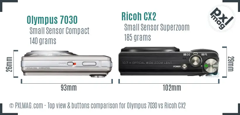 Olympus 7030 vs Ricoh CX2 top view buttons comparison Olympus 7030 vs Ricoh CX2 top view buttons comparison