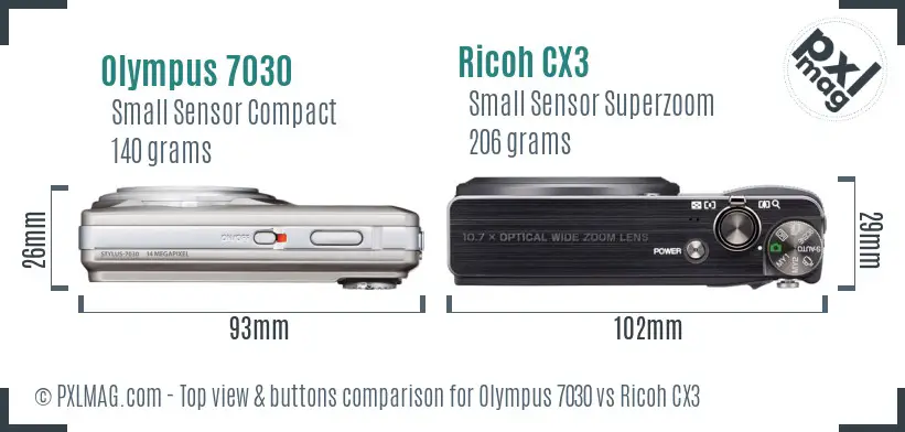 Olympus 7030 vs Ricoh CX3 top view buttons comparison