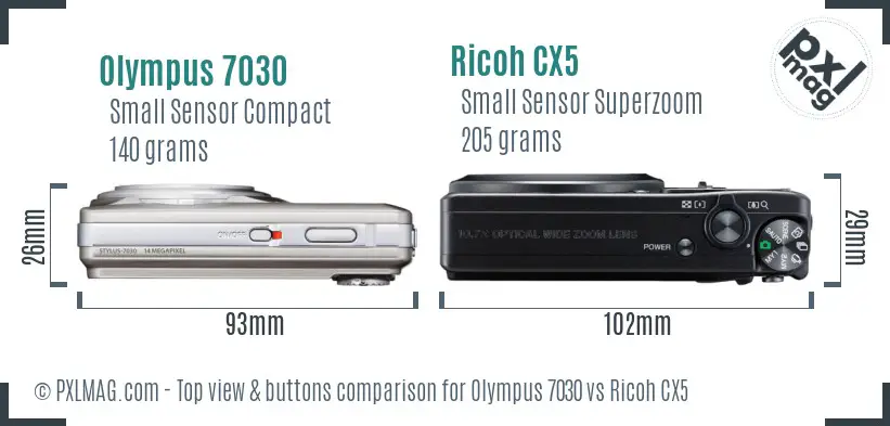 Olympus 7030 vs Ricoh CX5 top view buttons comparison Olympus 7030 vs Ricoh CX5 top view buttons comparison