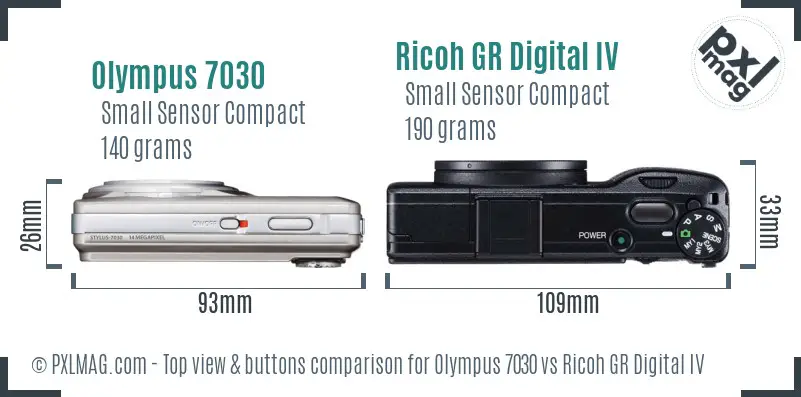 Olympus 7030 vs Ricoh GR Digital IV top view buttons comparison