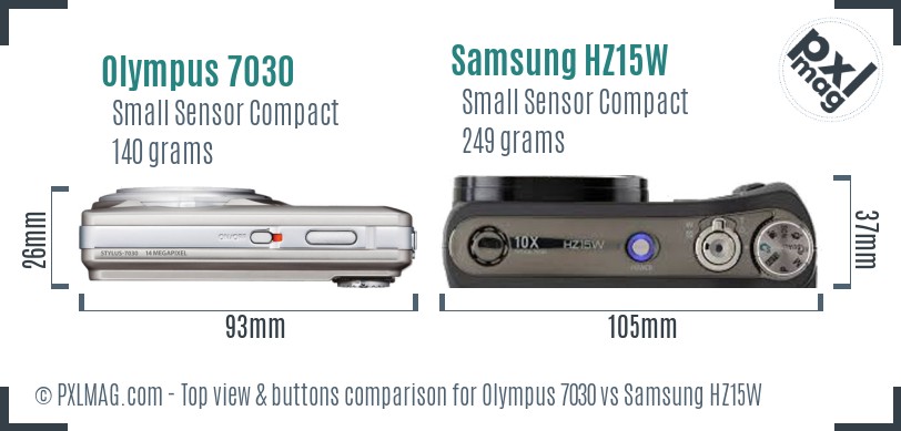 Olympus 7030 vs Samsung HZ15W top view buttons comparison
