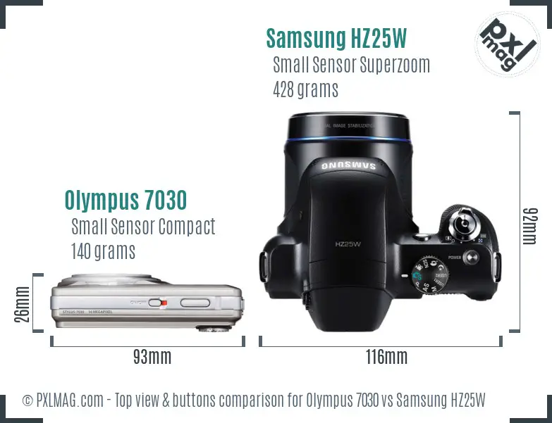 Olympus 7030 vs Samsung HZ25W top view buttons comparison