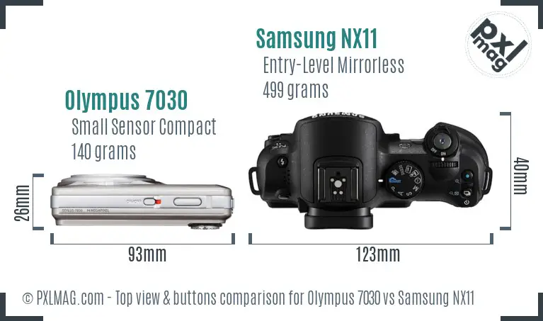 Olympus 7030 vs Samsung NX11 top view buttons comparison Olympus 7030 vs Samsung NX11 top view buttons comparison