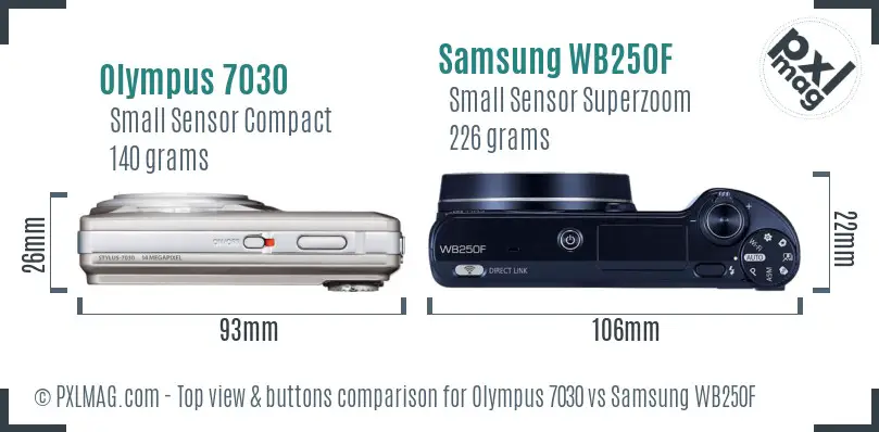 Olympus 7030 vs Samsung WB250F top view buttons comparison