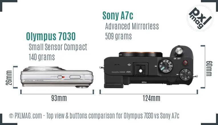 Olympus 7030 vs Sony A7c top view buttons comparison