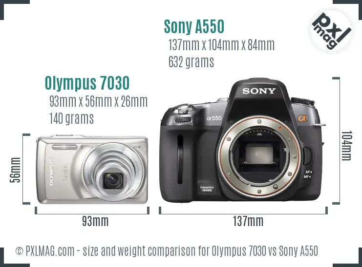 Olympus 7030 vs Sony A550 size comparison