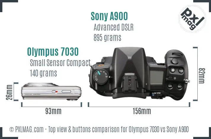 Olympus 7030 vs Sony A900 top view buttons comparison Olympus 7030 vs Sony A900 top view buttons comparison