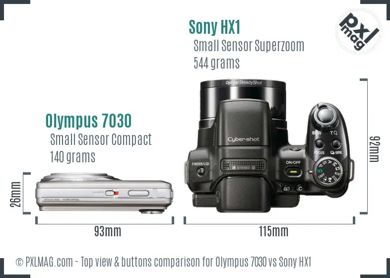 Olympus 7030 vs Sony HX1 top view buttons comparison