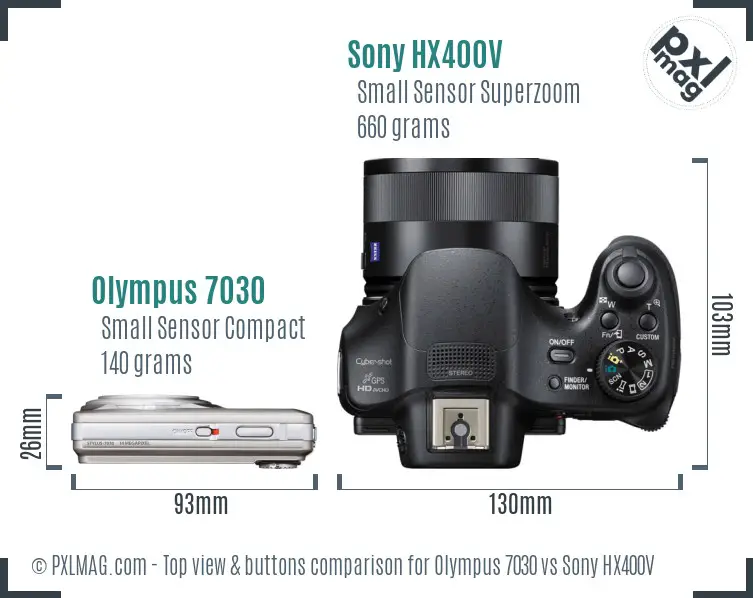 Olympus 7030 vs Sony HX400V top view buttons comparison