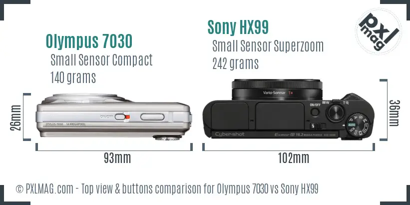 Olympus 7030 vs Sony HX99 top view buttons comparison