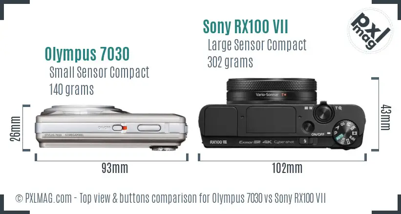 Olympus 7030 vs Sony RX100 VII top view buttons comparison