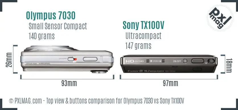 Olympus 7030 vs Sony TX100V top view buttons comparison Olympus 7030 vs Sony TX100V top view buttons comparison