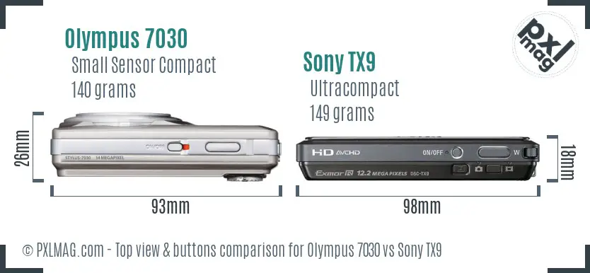 Olympus 7030 vs Sony TX9 top view buttons comparison Olympus 7030 vs Sony TX9 top view buttons comparison