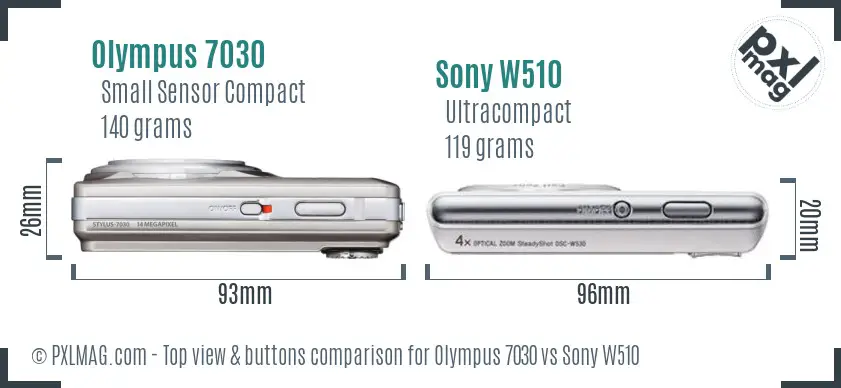 Olympus 7030 vs Sony W510 top view buttons comparison