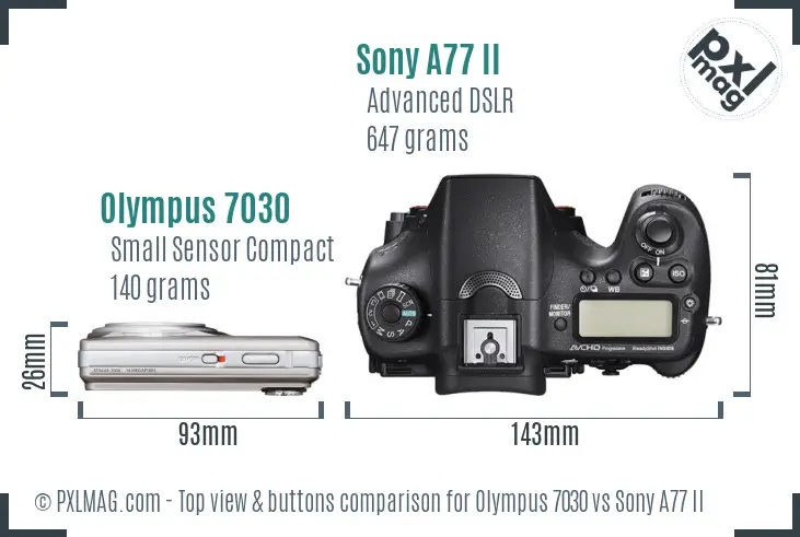 Olympus 7030 vs Sony A77 II top view buttons comparison Olympus 7030 vs Sony A77 II top view buttons comparison