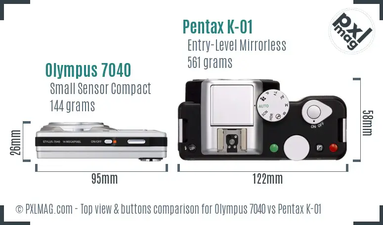 Olympus 7040 vs Pentax K-01 top view buttons comparison