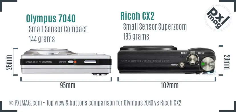 Olympus 7040 vs Ricoh CX2 top view buttons comparison