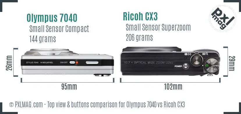 Olympus 7040 vs Ricoh CX3 top view buttons comparison