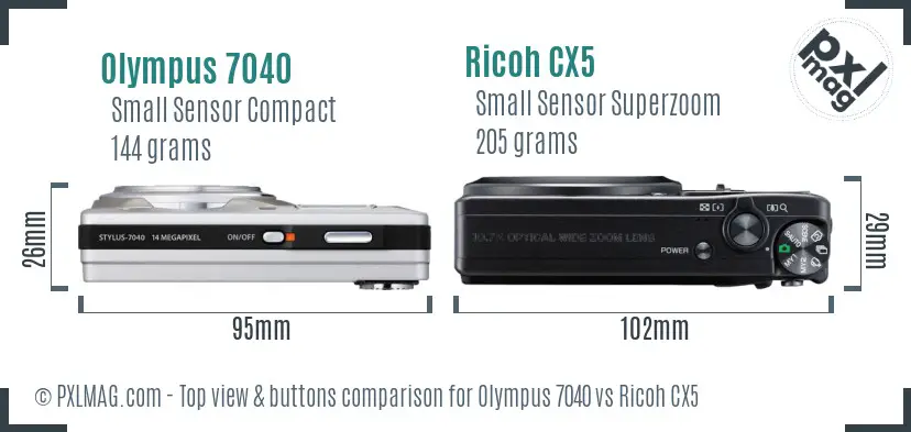 Olympus 7040 vs Ricoh CX5 top view buttons comparison