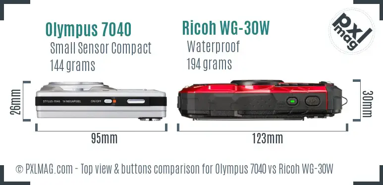 Olympus 7040 vs Ricoh WG-30W top view buttons comparison