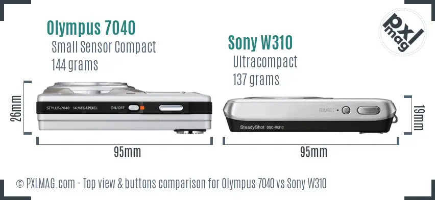 Olympus 7040 vs Sony W310 top view buttons comparison Olympus 7040 vs Sony W310 top view buttons comparison