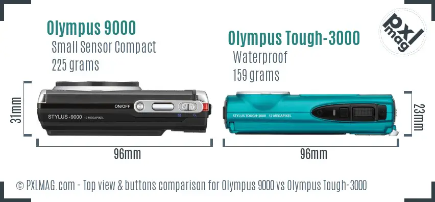 Olympus 9000 vs Olympus Tough-3000 top view buttons comparison