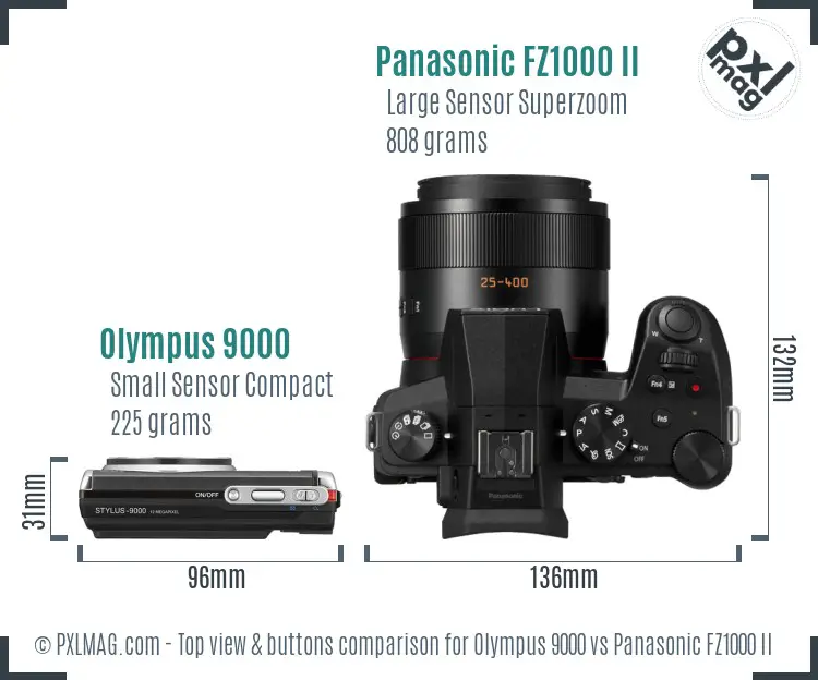 Olympus 9000 vs Panasonic FZ1000 II top view buttons comparison
