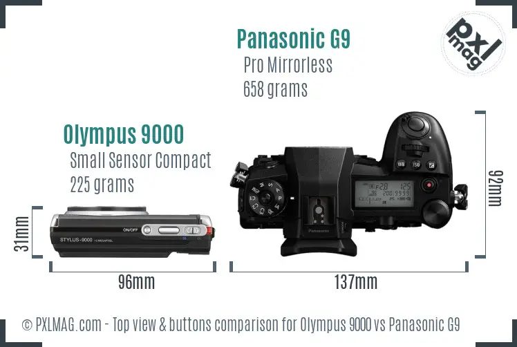Olympus 9000 vs Panasonic G9 top view buttons comparison