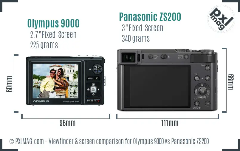 Olympus 9000 vs Panasonic ZS200 Screen and Viewfinder comparison