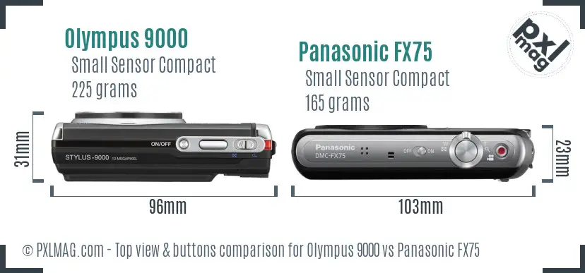 Olympus 9000 vs Panasonic FX75 top view buttons comparison