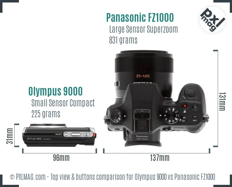 Olympus 9000 vs Panasonic FZ1000 top view buttons comparison