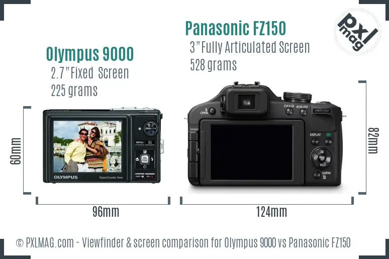 Olympus 9000 vs Panasonic FZ150 Screen and Viewfinder comparison