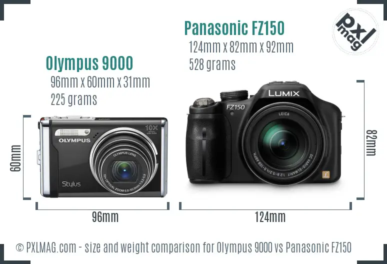 Olympus 9000 vs Panasonic FZ150 size comparison