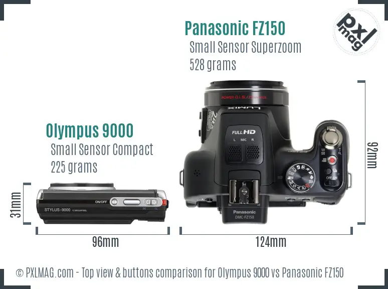 Olympus 9000 vs Panasonic FZ150 top view buttons comparison