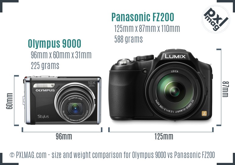 Olympus 9000 vs Panasonic FZ200 size comparison