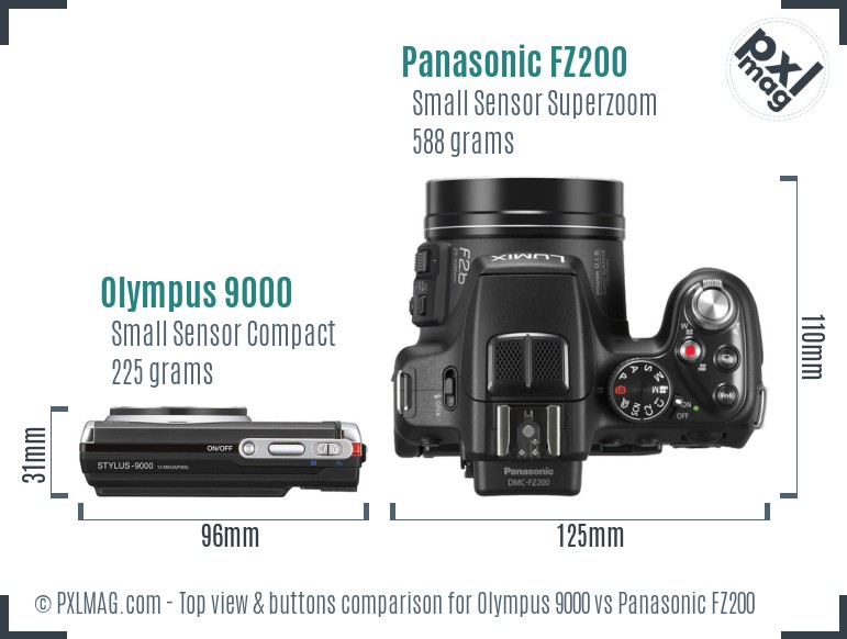 Olympus 9000 vs Panasonic FZ200 top view buttons comparison