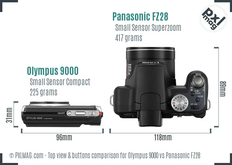 Olympus 9000 vs Panasonic FZ28 top view buttons comparison