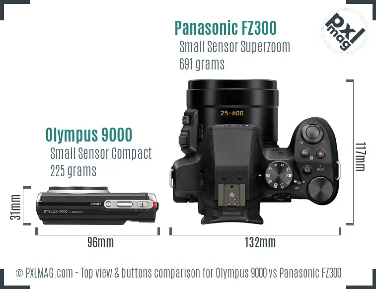 Olympus 9000 vs Panasonic FZ300 top view buttons comparison