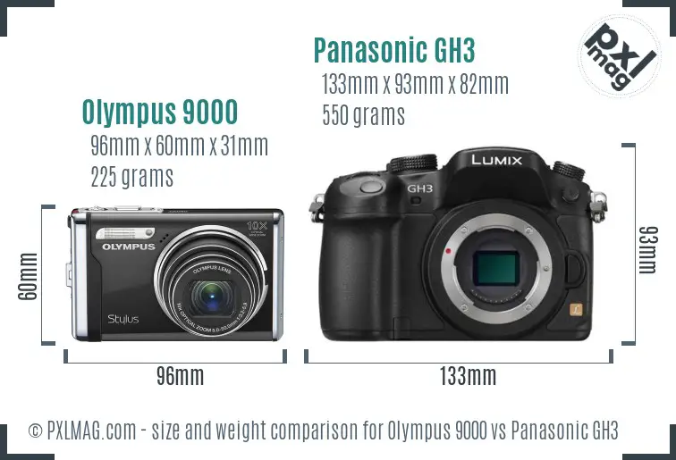 Olympus 9000 vs Panasonic GH3 size comparison