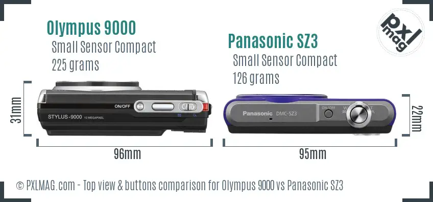 Olympus 9000 vs Panasonic SZ3 top view buttons comparison