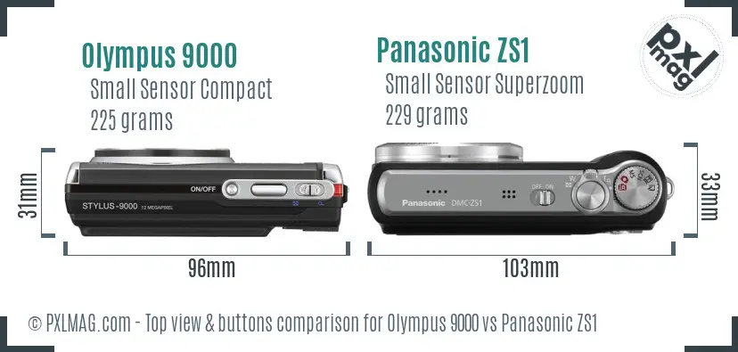 Olympus 9000 vs Panasonic ZS1 top view buttons comparison