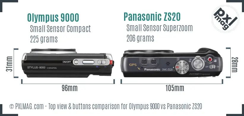 Olympus 9000 vs Panasonic ZS20 top view buttons comparison