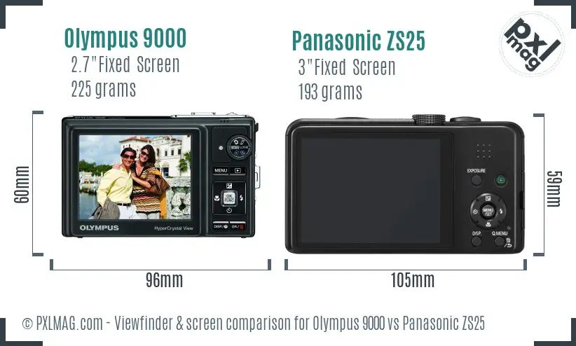 Olympus 9000 vs Panasonic ZS25 Screen and Viewfinder comparison