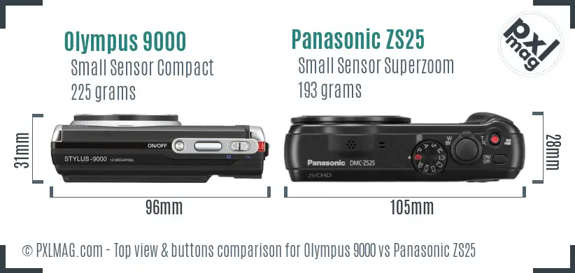Olympus 9000 vs Panasonic ZS25 top view buttons comparison