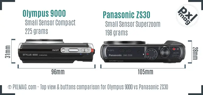 Olympus 9000 vs Panasonic ZS30 top view buttons comparison